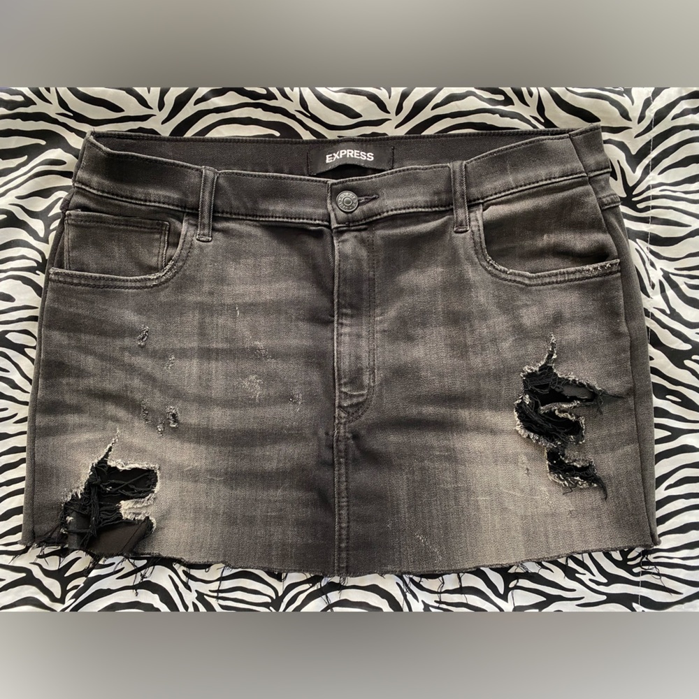 Altered & Distressed black grayish denim mini skirt with raw hem. Size 14-15